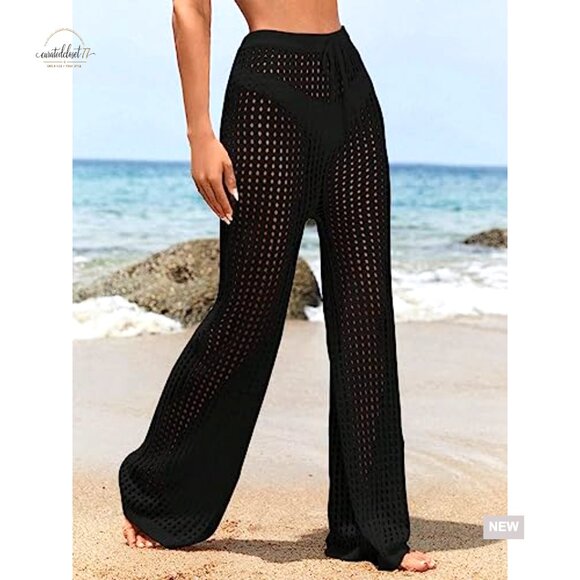 Small Hollow Out Drawstring Beach Cover Up Pants High Waist - Picture 2 of 5